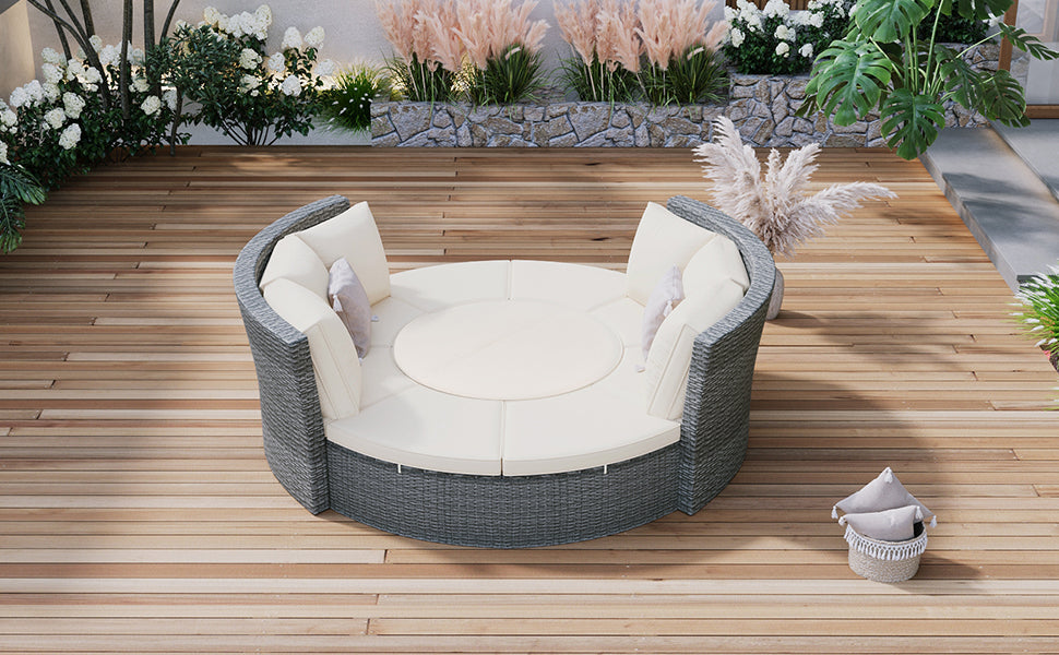 Patio 5-Piece Round Rattan Sectional Sofa Set All-Weather