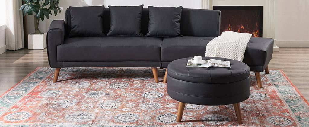 107" Contemporary Sofa Stylish Sofa Couch With a Round Storage Ottoman and Three