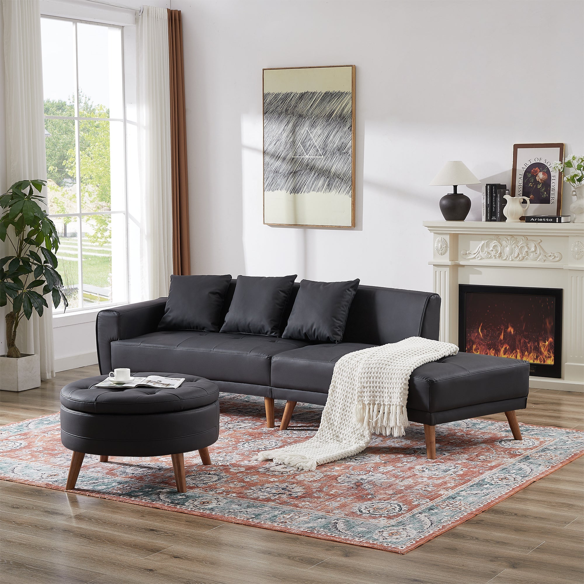 107" Contemporary Sofa Stylish Sofa Couch With a Round Storage Ottoman and Three