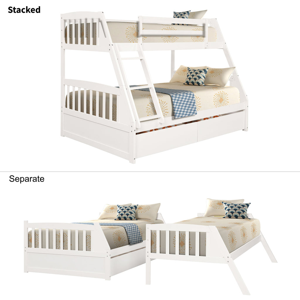 Solid Wood Twin Over Full Bunk Bed With Two Storage Drawers, White