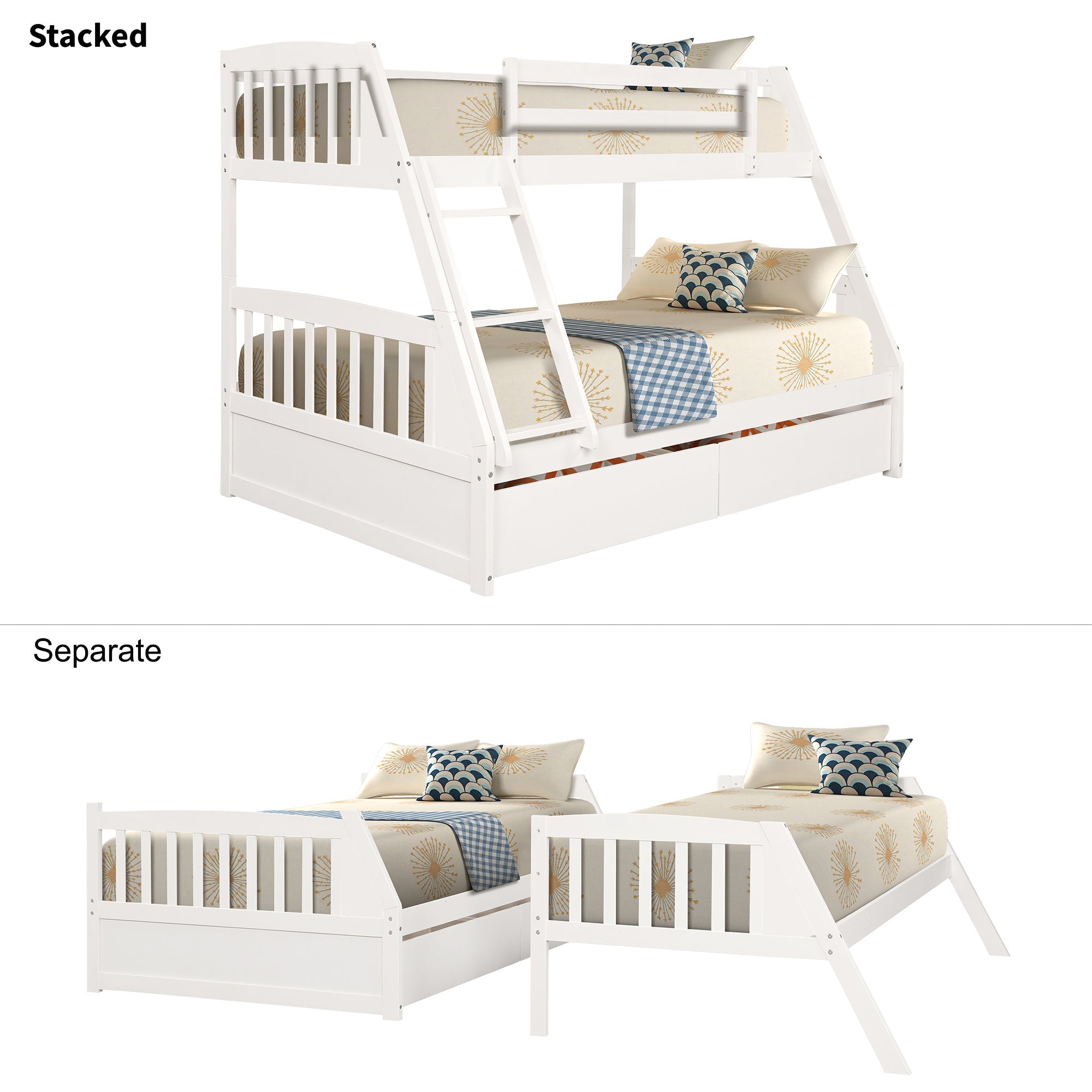 Solid Wood Twin Over Full Bunk Bed With Two Storage Drawers, White