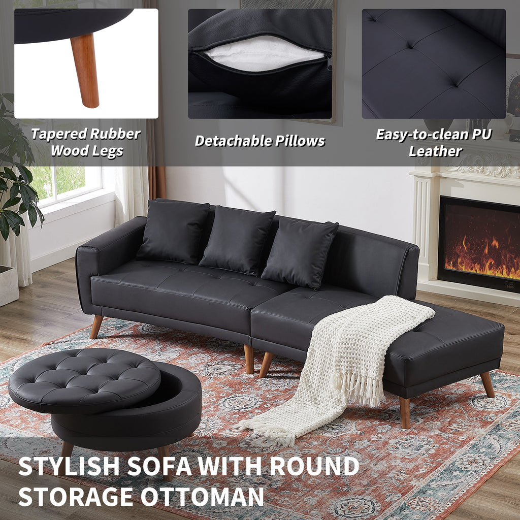 107" Contemporary Sofa Stylish Sofa Couch With a Round Storage Ottoman and Three