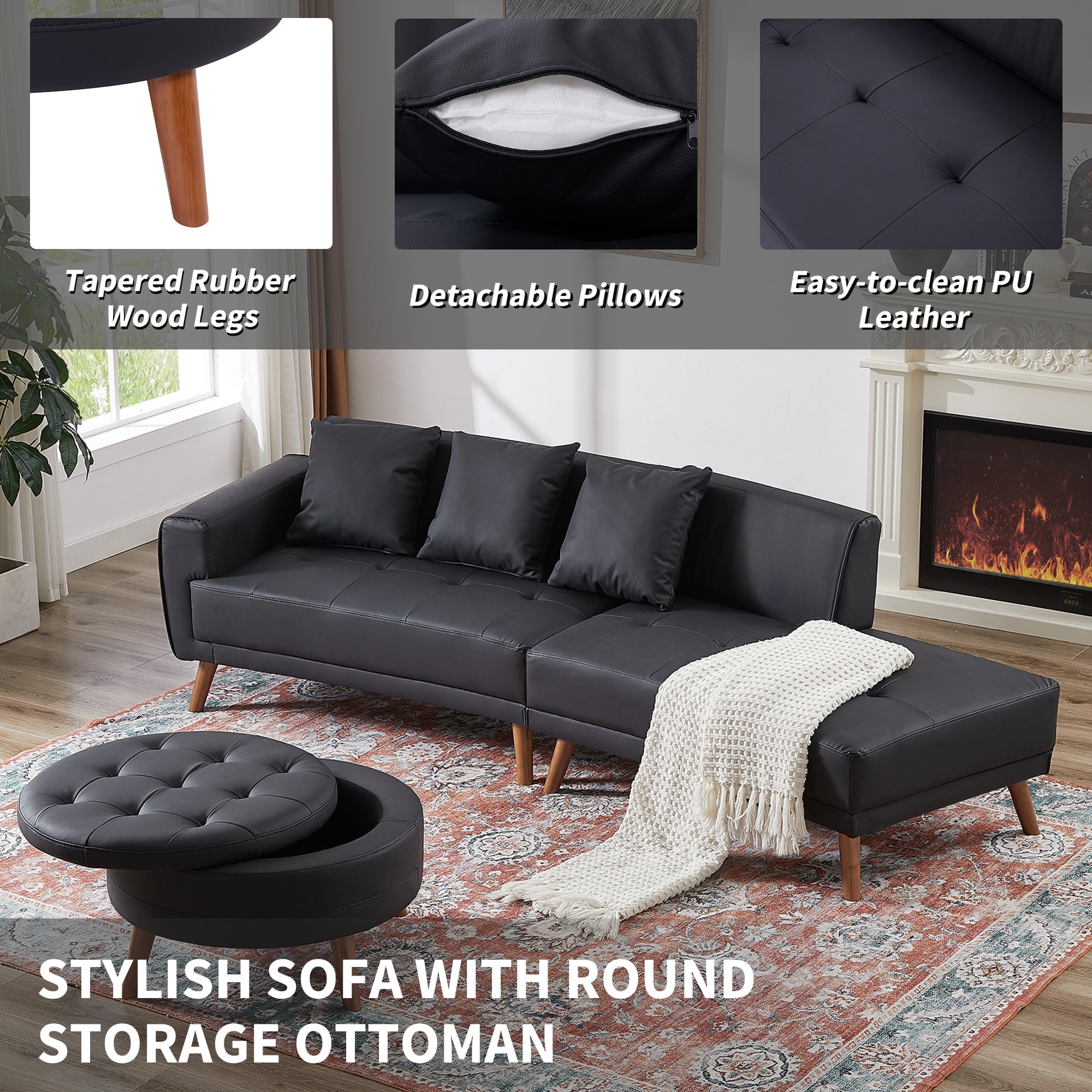 107" Contemporary Sofa Stylish Sofa Couch With a Round Storage Ottoman and Three