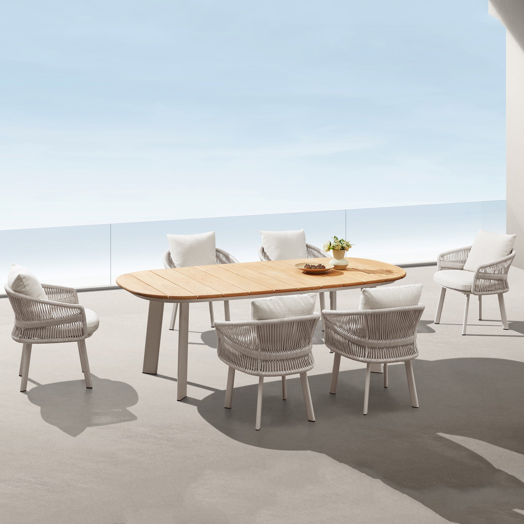 HIGOLD Aio 7 Pieces Teak Outdoor Dining Set With White Cushions