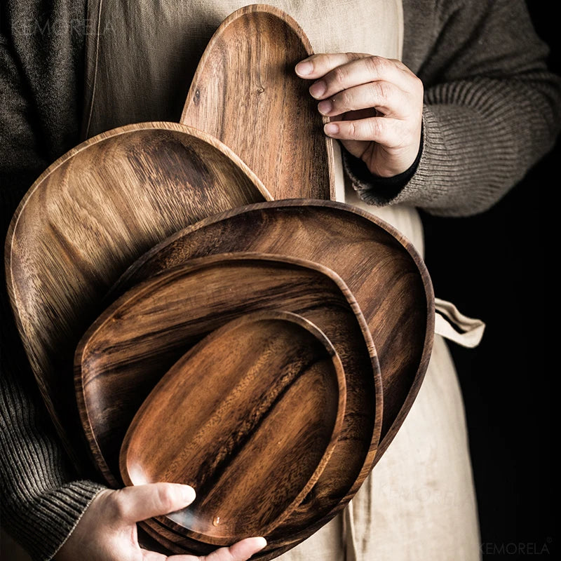 1/5pcs Lovesickness Wood Irregular Oval Solid Wood Pan Plate Fruit Dishes Sauce