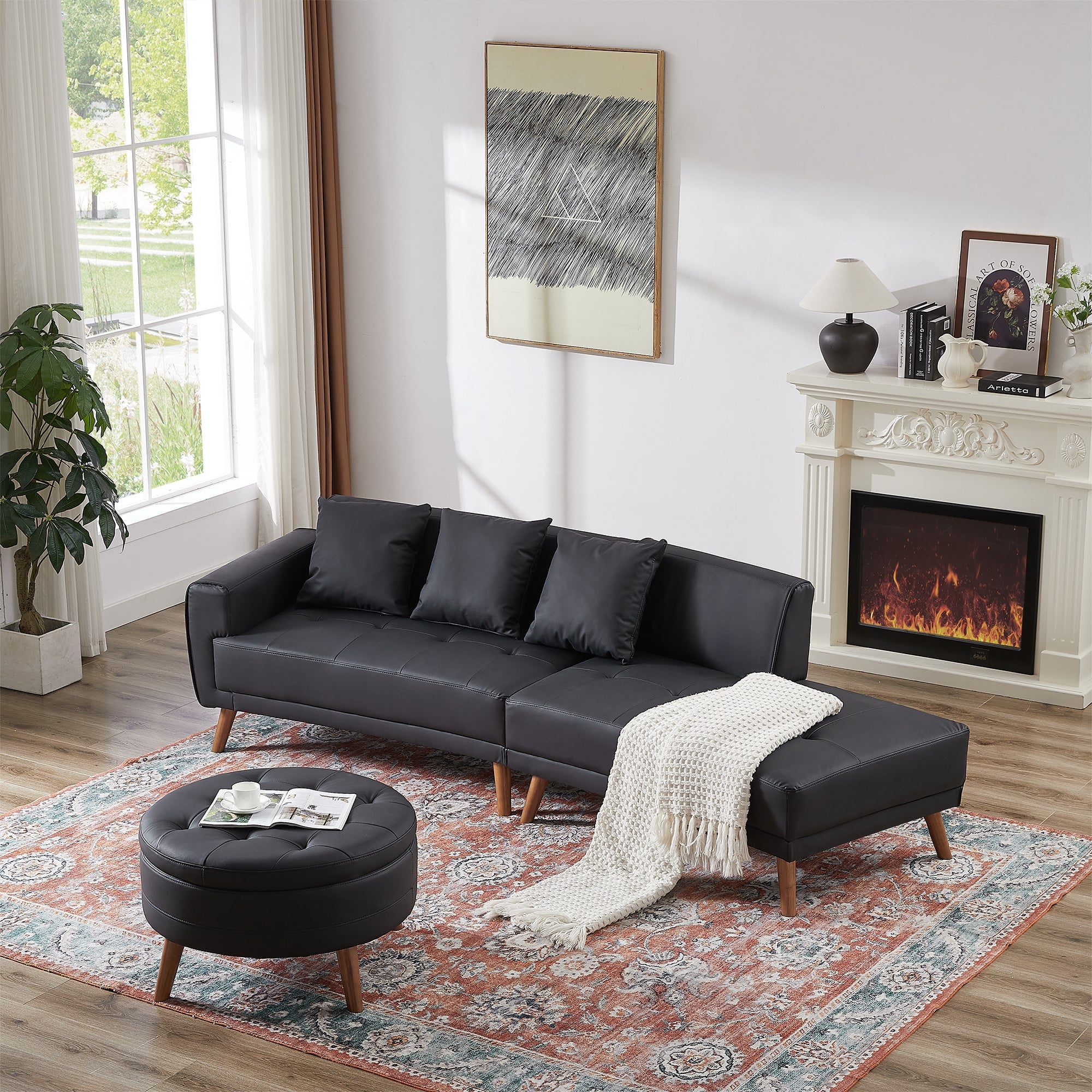 107" Contemporary Sofa Stylish Sofa Couch With a Round Storage Ottoman and Three