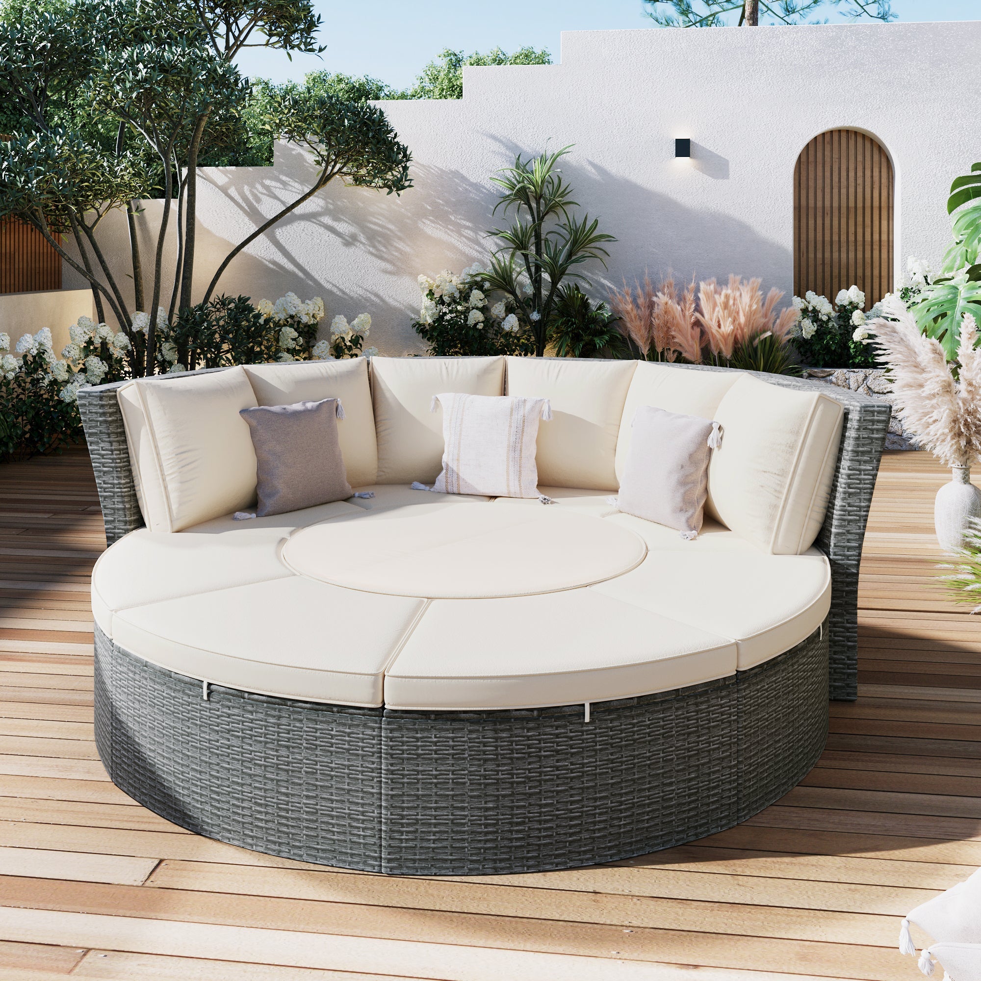Patio 5-Piece Round Rattan Sectional Sofa Set All-Weather