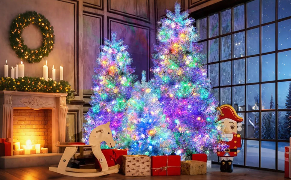 Silver Pre-Lit Artificial Hinged Christmas Tree Set