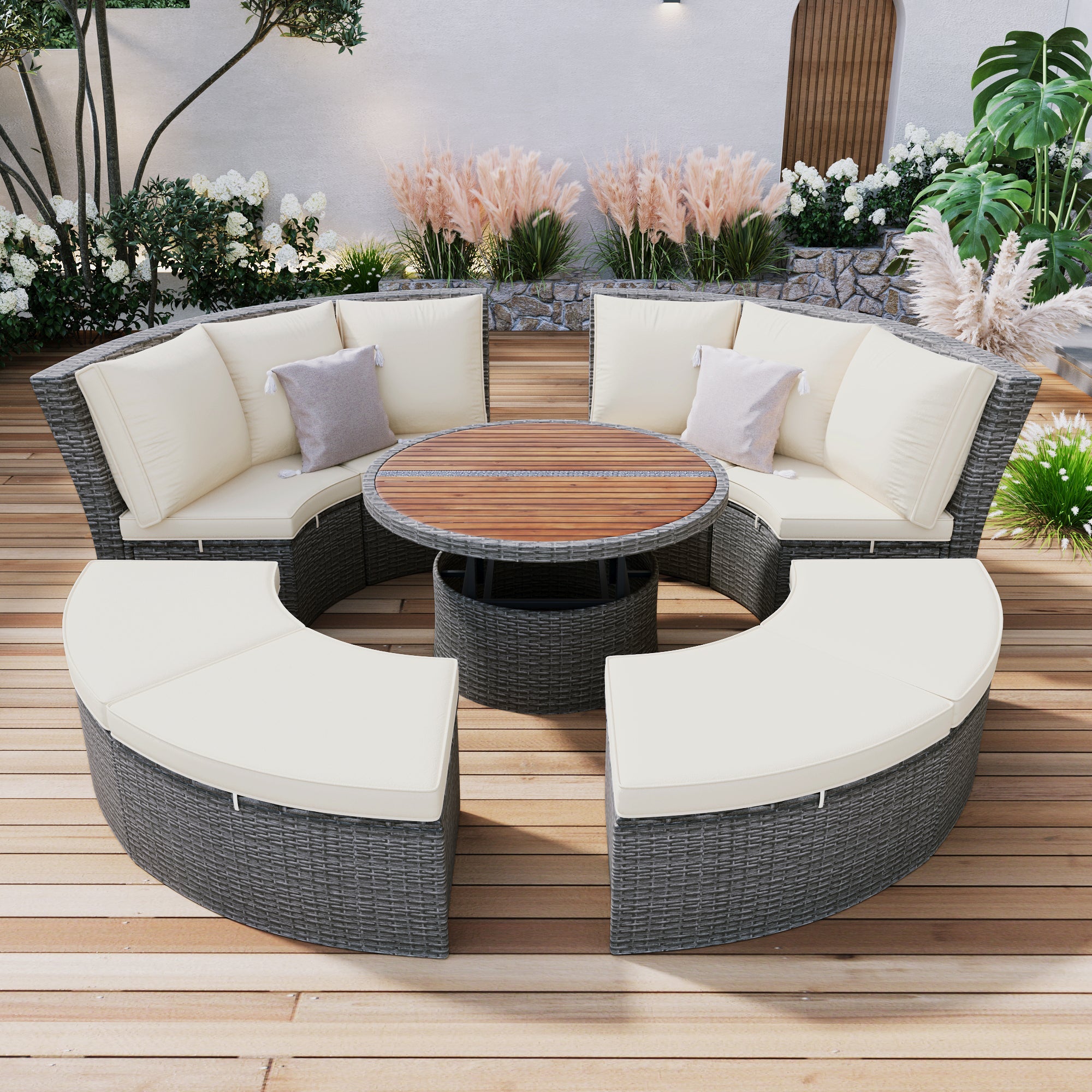Patio 5-Piece Round Rattan Sectional Sofa Set All-Weather