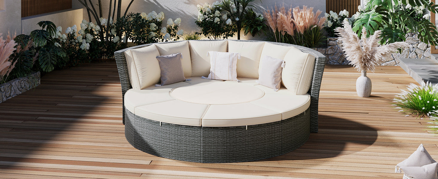Patio 5-Piece Round Rattan Sectional Sofa Set All-Weather