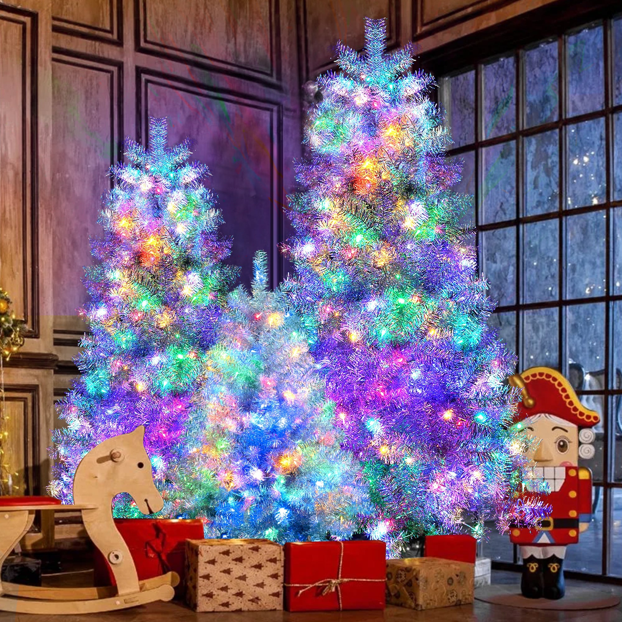 Silver Pre-Lit Artificial Hinged Christmas Tree Set
