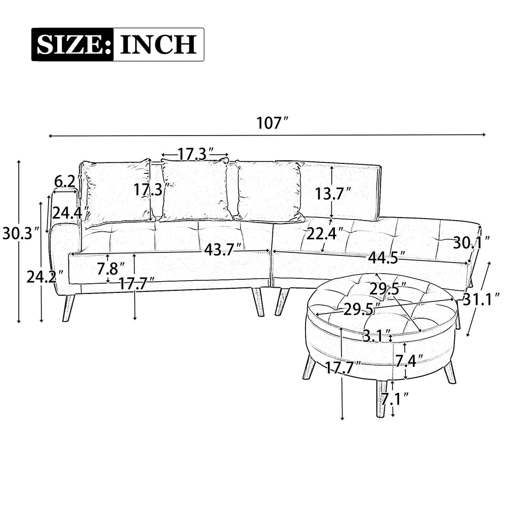 107" Contemporary Sofa Stylish Sofa Couch With a Round Storage Ottoman and Three