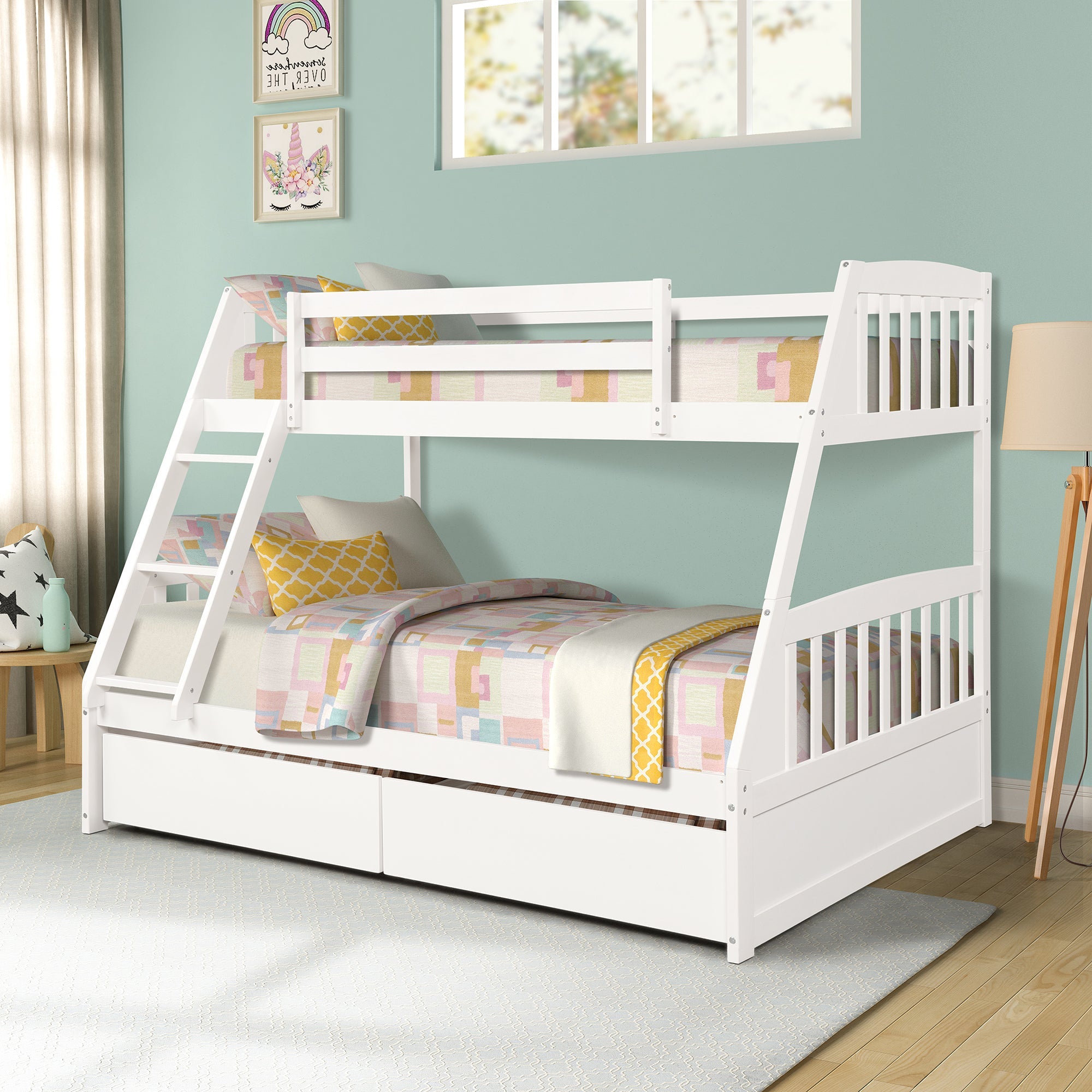 Solid Wood Twin Over Full Bunk Bed With Two Storage Drawers, White