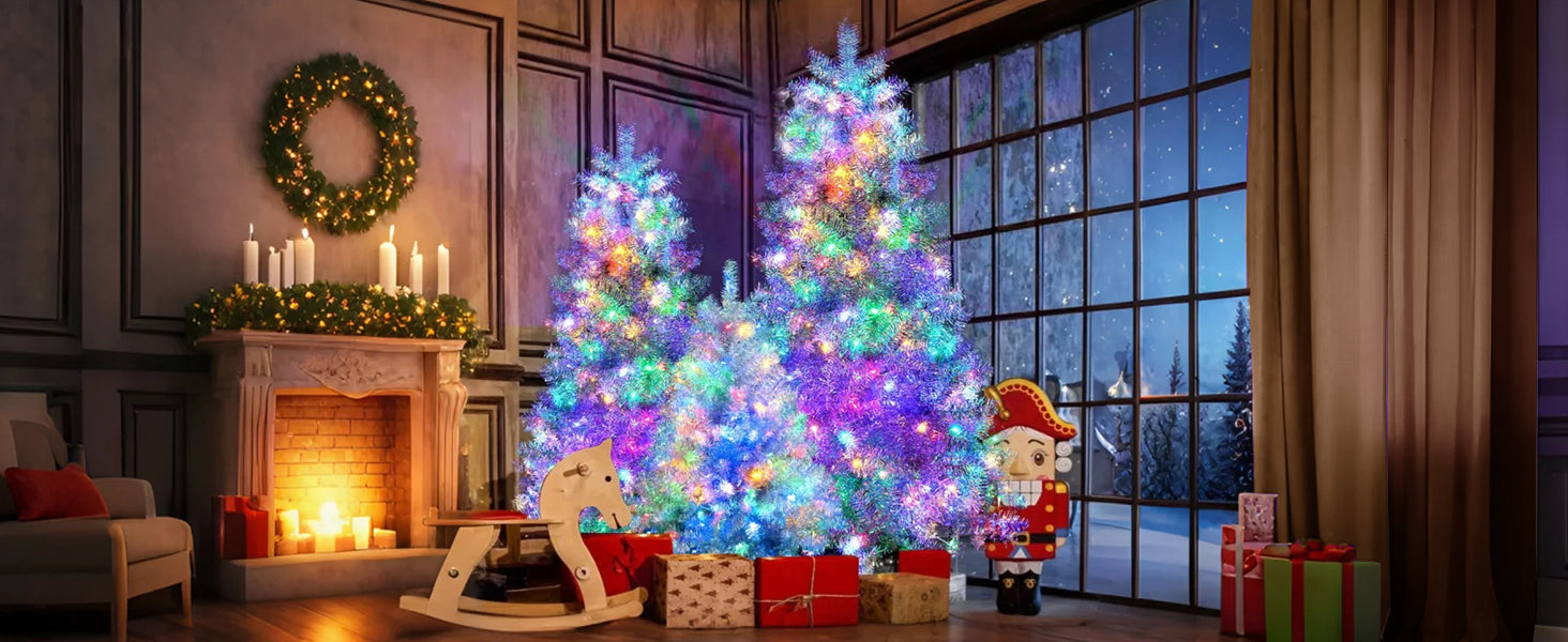 Silver Pre-Lit Artificial Hinged Christmas Tree Set