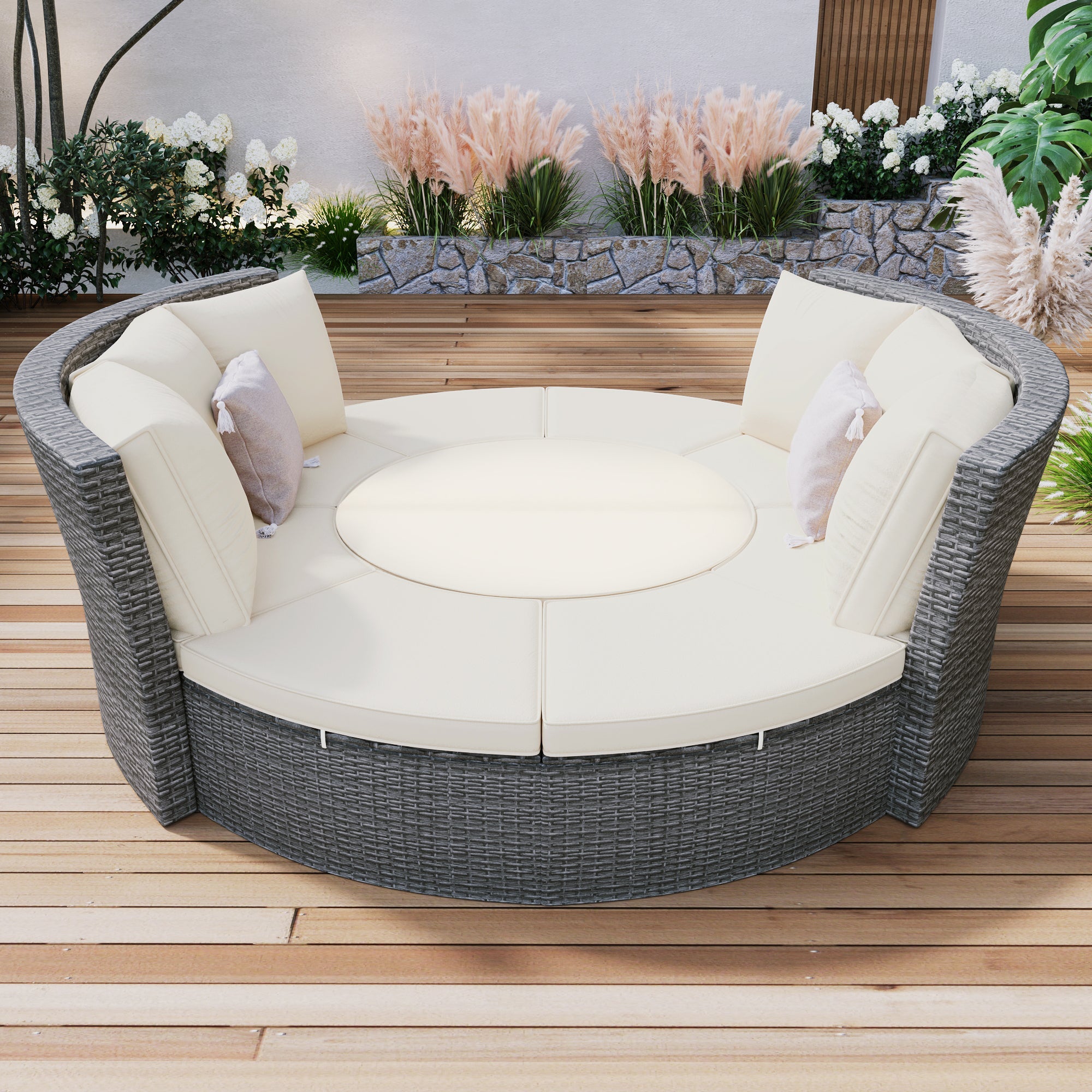 Patio 5-Piece Round Rattan Sectional Sofa Set All-Weather