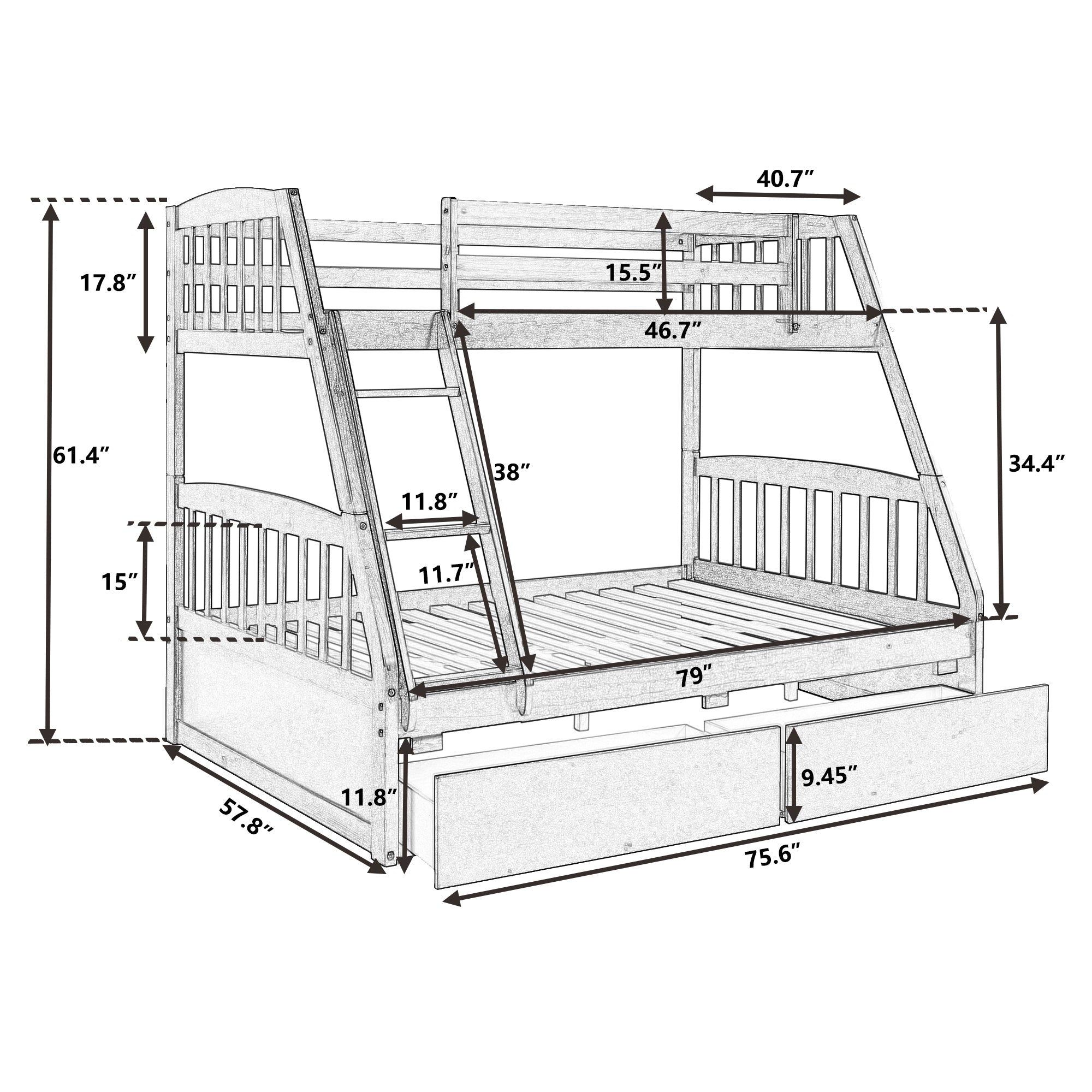 Solid Wood Twin Over Full Bunk Bed With Two Storage Drawers, White