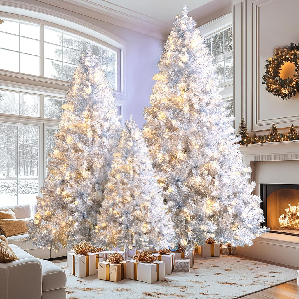 Silver Pre-Lit Artificial Hinged Christmas Tree Set
